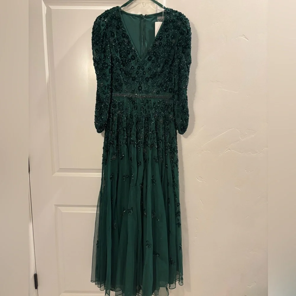 Mac Duggal Green Embellished V Neck 3/4 Sleeve A Line Gown - Picture 8 of 8